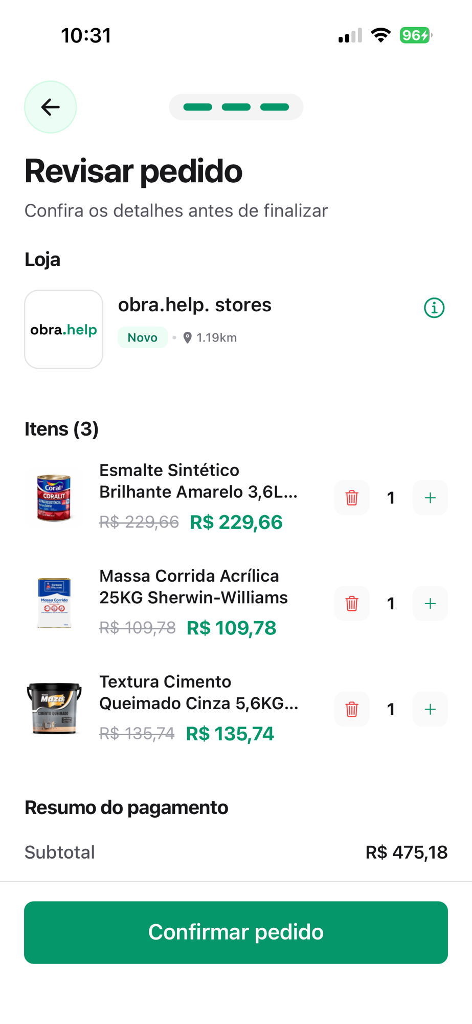 Revisão do pedido de materiais no app obra.help