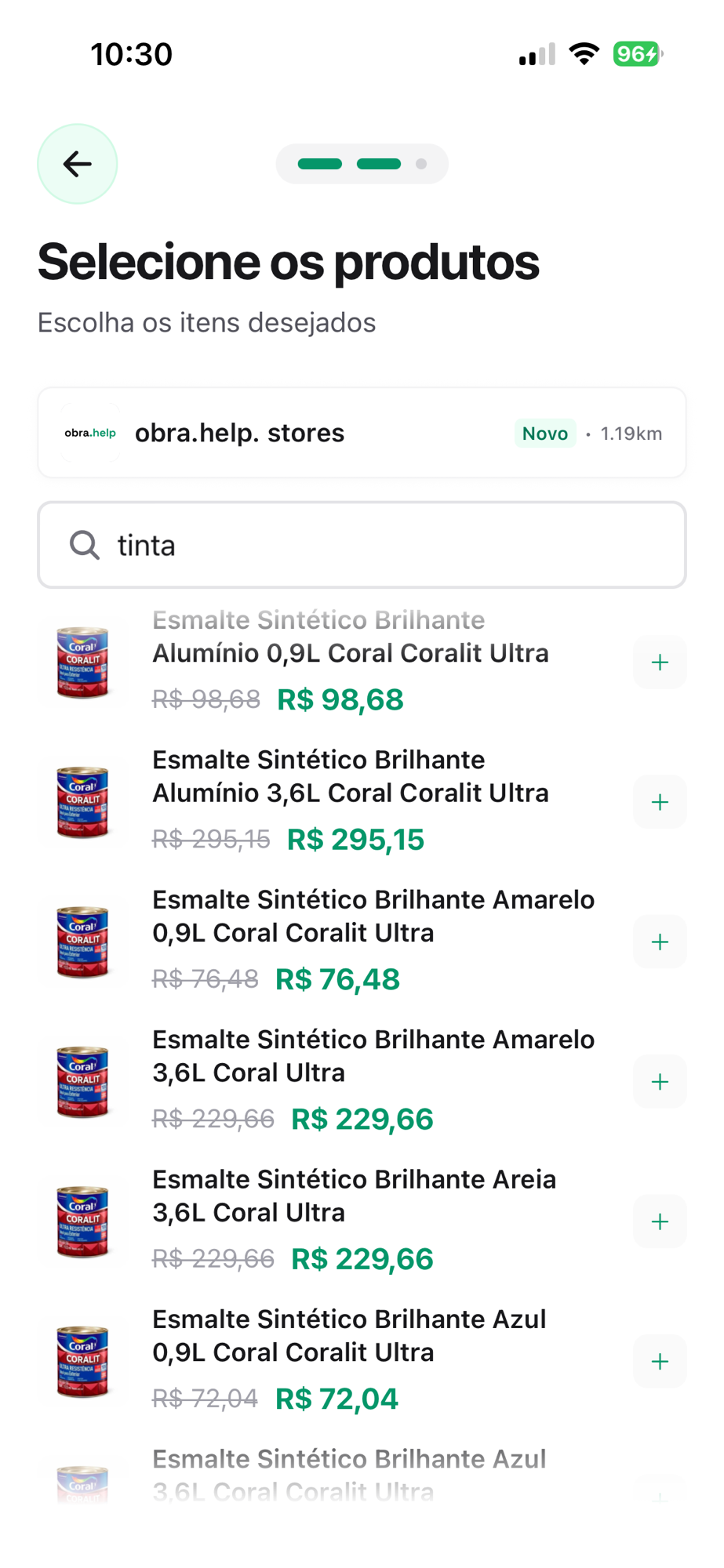 Busca de tintas que rendem mais no app obra.help