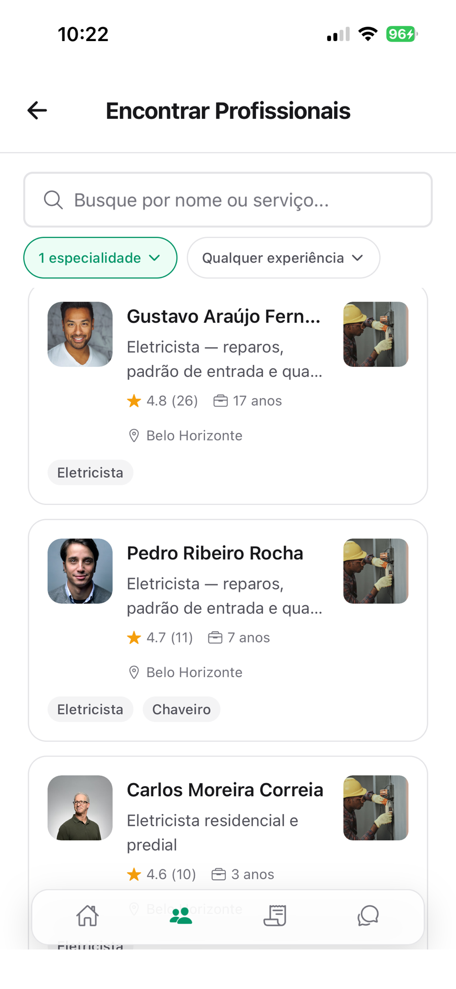 Busca de profissionais no app obra.help