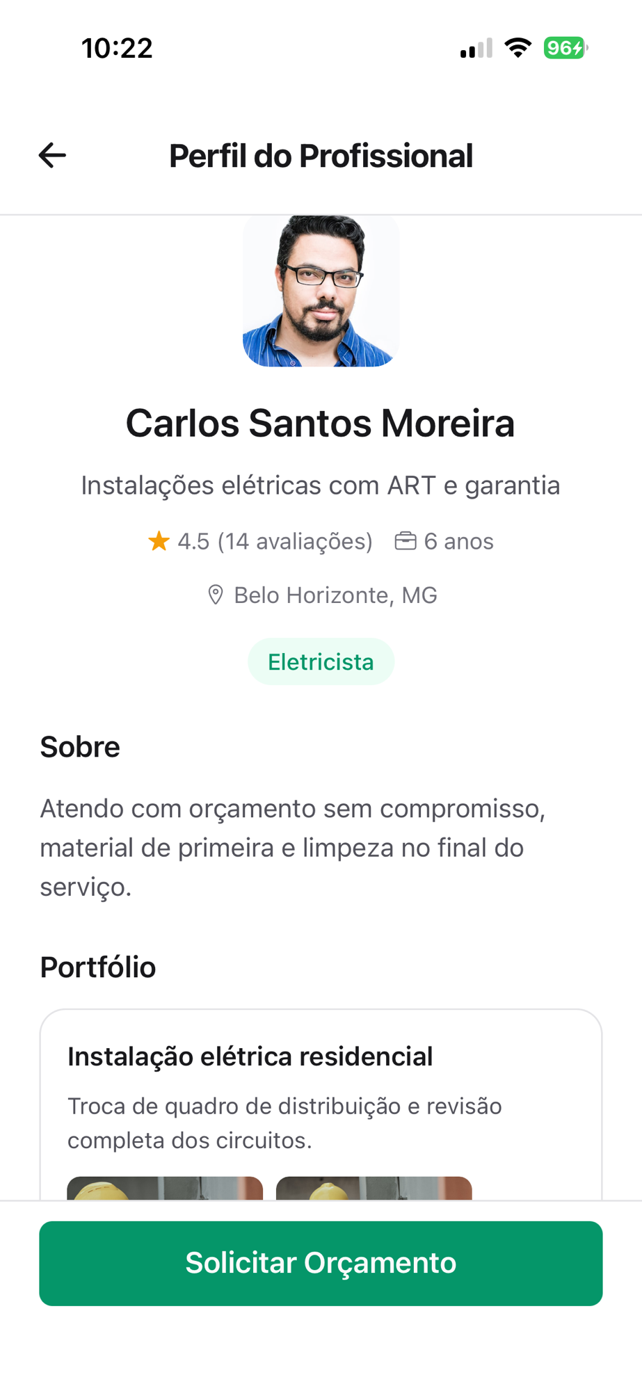 Perfil de um eletricista no app obra.help