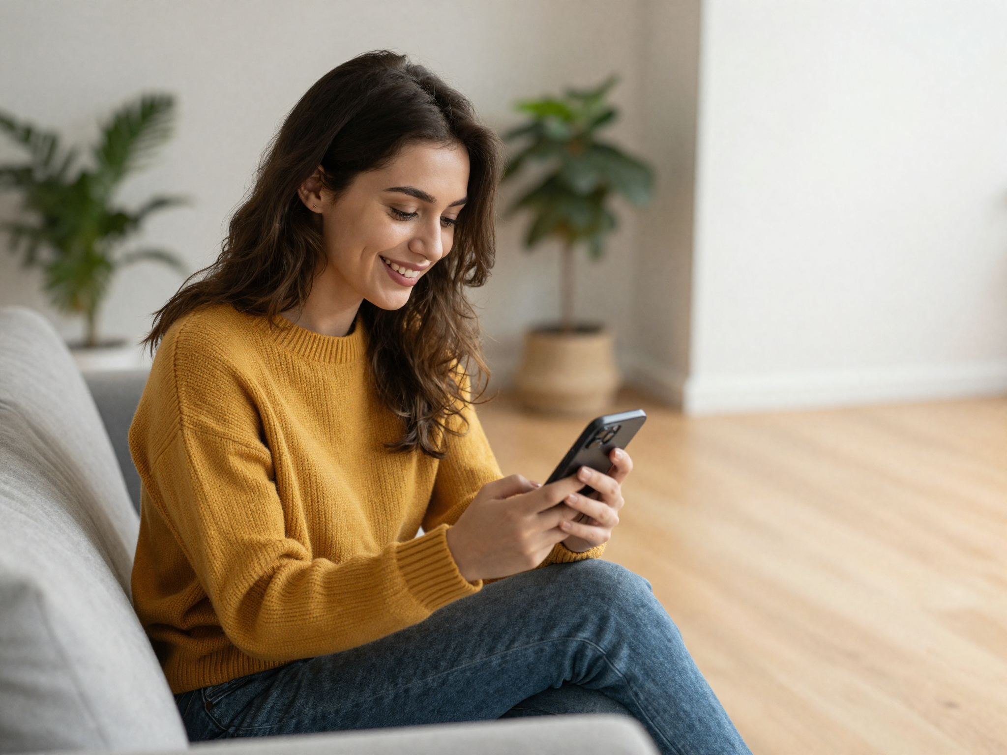 Cliente sorrindo enquanto usa o app no sofá de casa