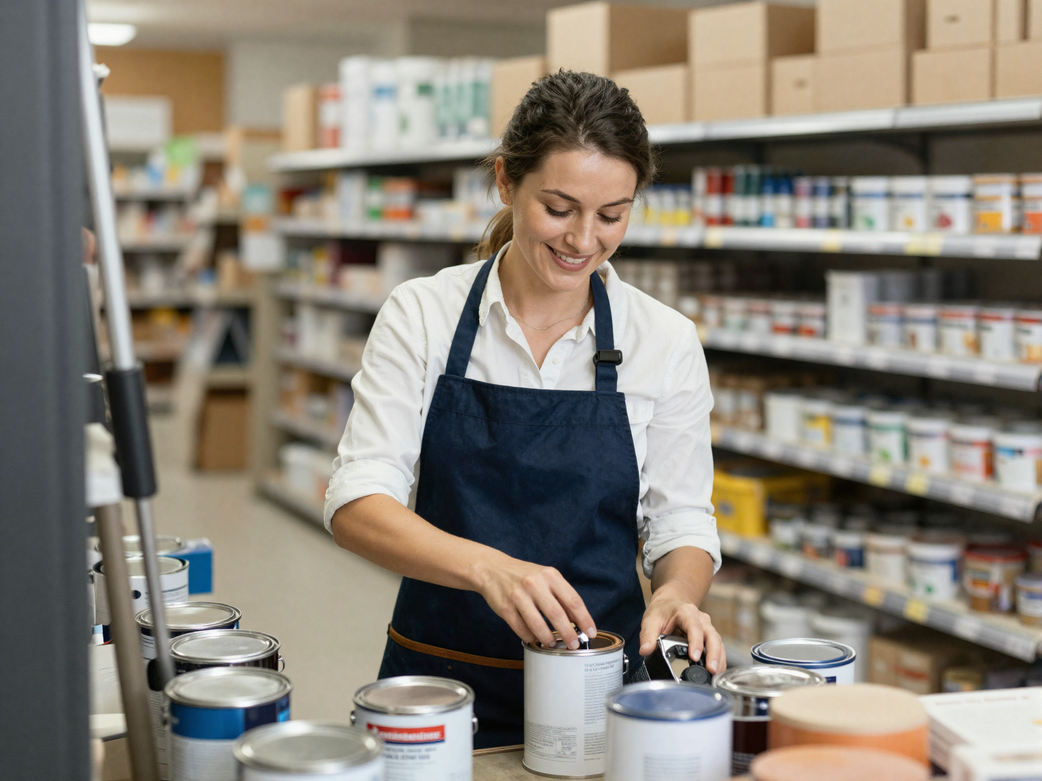 Lojista organizando latas de tinta em uma loja de materiais